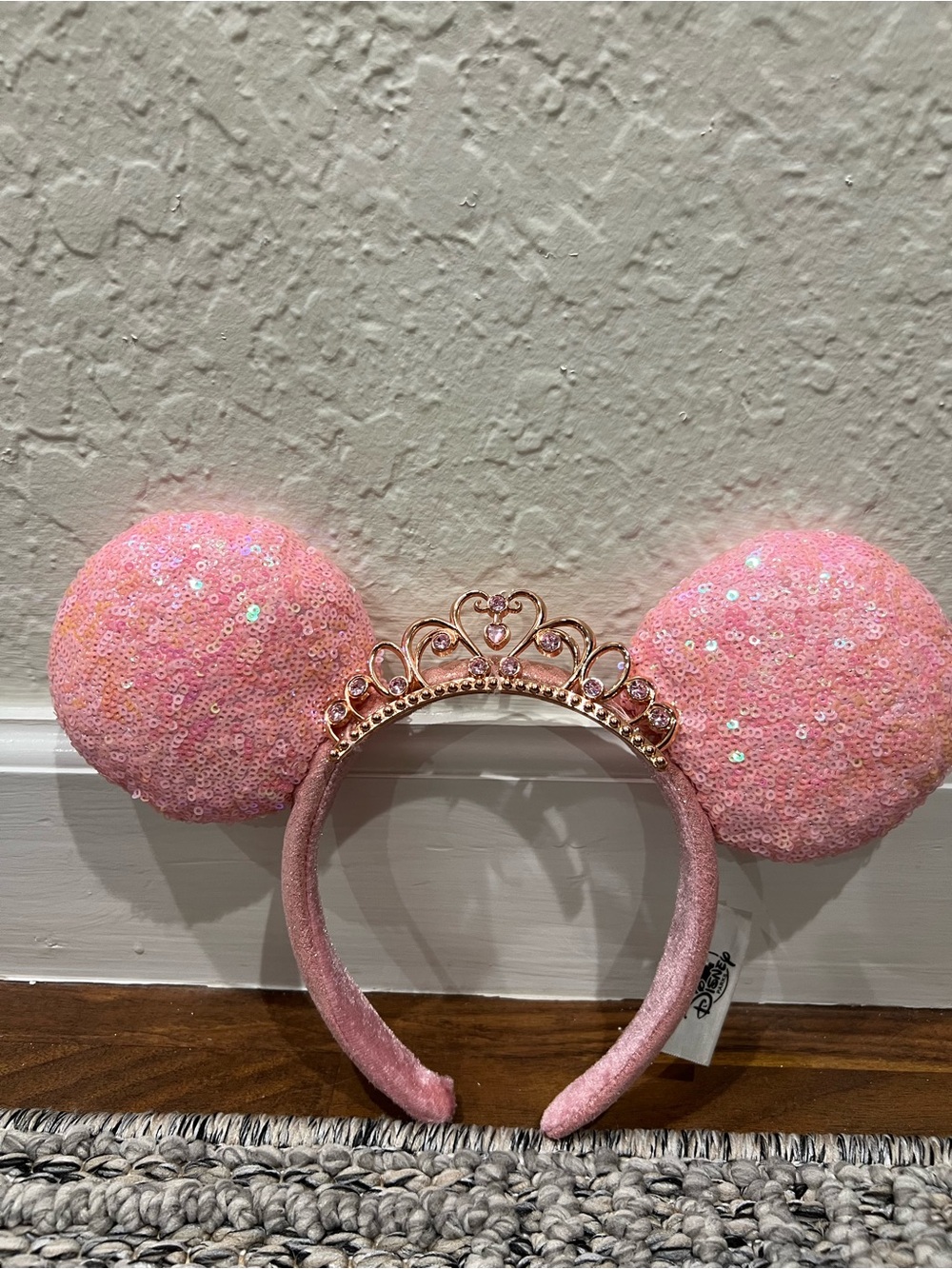 Disney Pink Sequin Minnie Ear Headband with Rose Gold Tiara